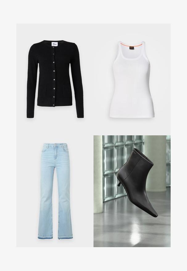 Schwarzer Cardigan mit Knöpfen, langen Ärmeln und Taschen. Das Modell sitzt auf einem Stuhl vor einem Hintergrund mit texturiertem Kissen.; Weißes, geripptes Tanktop mit rundem Ausschnitt, das ein schmales Trägerdesign und einen orangefarbenen Akzent entlang des inneren Ausschnitts aufweist. Markenlogo sichtbar.; Hellblaue Schlagjeans aus Denim, mit hoher Taille, Vordertaschen und einem rohen Saum an den Bündchen für einen lässigen Look.; Schwarzer Leder-Knöchelstiefel mit spitzer Spitze und kleinem Absatz vor einer Wand aus Glasbausteinen und einem polierten Boden.