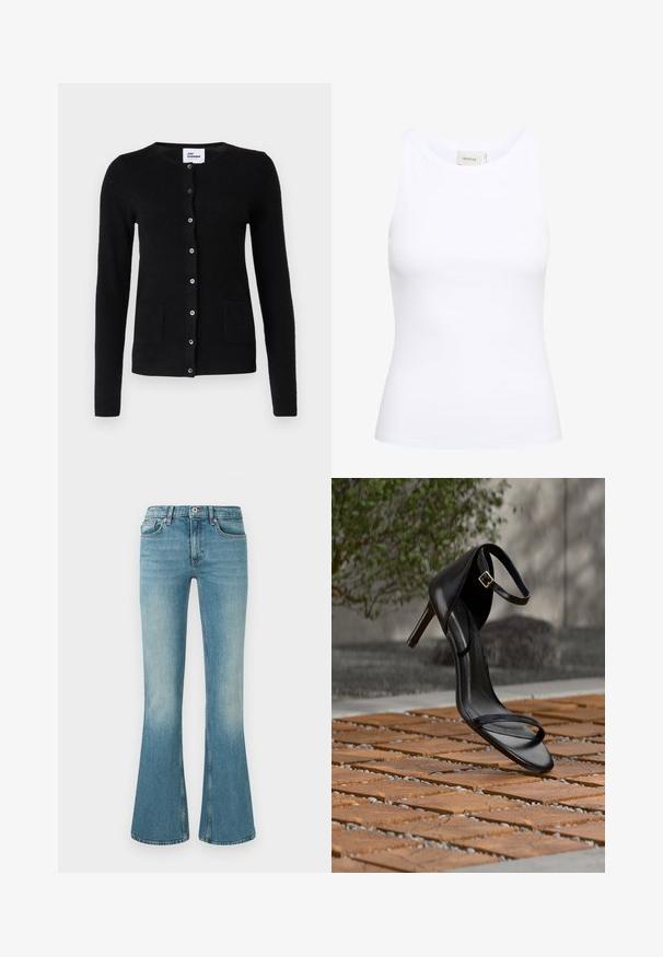 Cárdigan negro con botones, mangas largas y bolsillos. El modelo está sentado en una silla con un fondo de cojín texturizado.; Top sin mangas de canalé blanco con escote redondo. Tejido elástico y diseño ajustado. La etiqueta en la parte posterior dice "GESTUZ."; Jeans de mezclilla azul de corte acampanado con un lavado claro, cinco bolsillos, detalles de costura y una cintura con cierre de botón y cremallera.; Sandalia negra de tacón alto con correa en el tobillo, parece suspendida sobre un suelo de baldosas de madera al aire libre, con un fondo difuminado de vegetación y piedra.