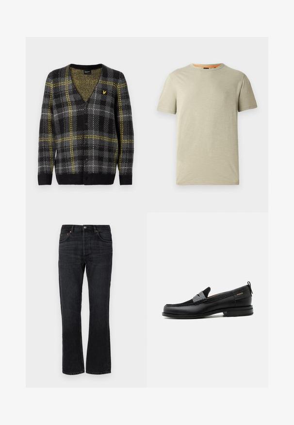 Cárdigan a cuadros negro y gris con acentos amarillos, diseño de escote en V, tejido de punto texturizado y cinco botones en la parte delantera. Pequeño logo en el pecho.; Camisa de manga corta verde claro hecha de un tejido texturizado. Presenta un cuello redondo y un pequeño logotipo en relieve "BOSS" en el pecho.; Jeans de mezclilla negra con corte recto, cinco bolsillos y detalles en costura naranja. Textura suave y mínimas marcas de desgaste.; Mocasín de cuero negro con detalle de tira gris, tacón bajo y suela texturizada, con la marca "HUGO" en oro en el lateral.