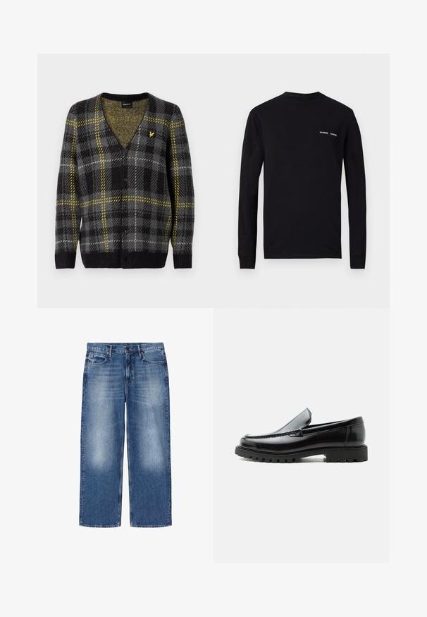 Sort og grå ternet cardigan med gule detaljer, V-hals design, tekstureret strikket stof og fem knapper foran. Lille logo på brystet.; Sort langærmet T-shirt lavet af bomuld, med rund hals og to hvide "SAMSØE" logo-tryk på venstre bryst.; Blåtonede straight-leg denimjeans med fem lommer og knaplukning, vist fladt på hvid baggrund.; Sort læderloafer med chunky gummisål, syet overdel og præget mærkenavn på hælen, vist i sideprofil på hvid baggrund.