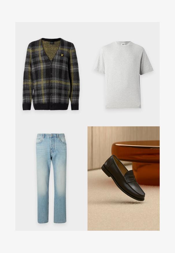 Sort og grå ternet cardigan med gule detaljer, V-hals design, tekstureret strikket stof og fem knapper foran. Lille logo på brystet.; Grå kortærmet t-shirt lavet af blødt stof. Har rund hals, afslappet pasform og ingen mønstre eller logoer. Glat tekstur hele vejen igennem.; Lyseblå jeans lavet af denim, med et lige ben-design, fem lomme-struktur og falmet vaskeffekt ved lårene.; Sort læder loafer-sko hængende over beige tæppe med ravfarvet moderne møblement i baggrunden.