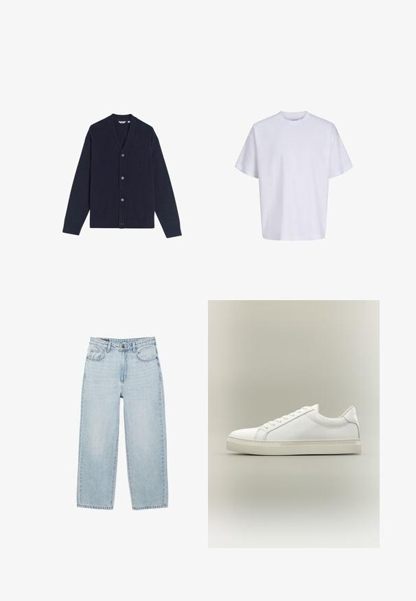 Donkerblauwe cardigan met V-hals, zes knopen aan de voorkant en geribde manchetten en zoom. Gemaakt van zacht gebreid materiaal. Geen patronen of graphics.; Effen witte oversized T-shirt met korte mouwen, ronde hals en losse pasvorm tegen een witte achtergrond.; Lichtblauwe rechte denim jeans met hoge taille, voorste knoop, ritssluiting, riemlussen en vijfzakkenontwerp op een witte achtergrond.; Witte lage sneaker met veters aan de voorkant en dikke zool, zijaanzicht tegen een neutrale achtergrond.