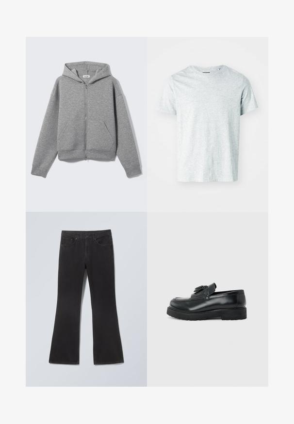 Sweat à capuche zippé gris clair avec poches avant et capuche, présenté à plat sur un fond clair.; T-shirt gris clair à manches courtes en tissu doux, avec un col rond et une coupe légèrement décontractée. Aucun motif ou graphique visible.; Jean noir en denim à jambes évasées, bouton et fermeture éclair sur le devant, et cinq poches, posé à plat sur un fond clair.; Mocassin en cuir noir avec pampilles, semelle épaisse en caoutchouc et talon bas, présenté de profil sur un fond uni.