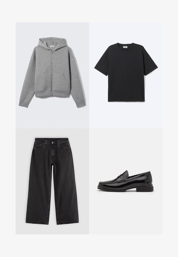 Sweat à capuche zippé gris clair avec poches avant et capuche, présenté à plat sur un fond clair.; T-shirt noir à manches courtes avec col rond, coupe décontractée, vue de face, design uni et étiquette de la marque Weekday visible à l’intérieur du col.; Jean en denim noir à jambes larges avec poches avant, passants pour ceinture et fermeture par boutons, présenté sur un fond clair uni.; Mocassins en cuir noir avec un embout arrondi, présentant un détail cousu sur le dessus, et un petit talon carré. Texture lisse et finition brillante.