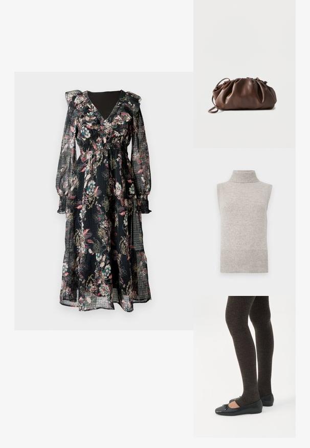 Mouwloze beige gebreide turtleneck sweater vest met geribde kraag, armsgaten en zoom op een witte achtergrond.; Maxi-jurk met bloemenprint en lange, doorschijnende mouwen. Zwarte stof met roze, turquoise en gouden bloemmotieven. Met een geplooide taille en een geruilde halslijn.; Benen met donkere geribbelde leggings gecombineerd met zwarte ballerina's met kleine strikdetails op een witte achtergrond.; Zachte bruine leren tas met samengevouwen bovenkant en smalle riem, liggend op een witte achtergrond.