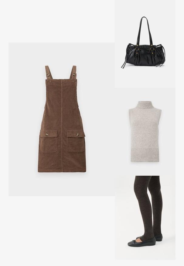Gilet sans manches en tricot beige avec col roulé, bords côtelés aux emmanchures et à l'ourlet, sur un fond blanc.; Robe salopette en velours côtelé marron avec bretelles réglables, deux poches avant et une couture centrale. Tissu texturé au toucher doux.; Jambes portant des leggings côtelés foncés associés à des ballerines noires avec de petits détails en nœud sur fond blanc.; Sac à main en cuir noir avec une forme arrondie, deux poignées, des accents en matériel décoratif et des détails de liens sur les côtés. Texture lisse et brillante.