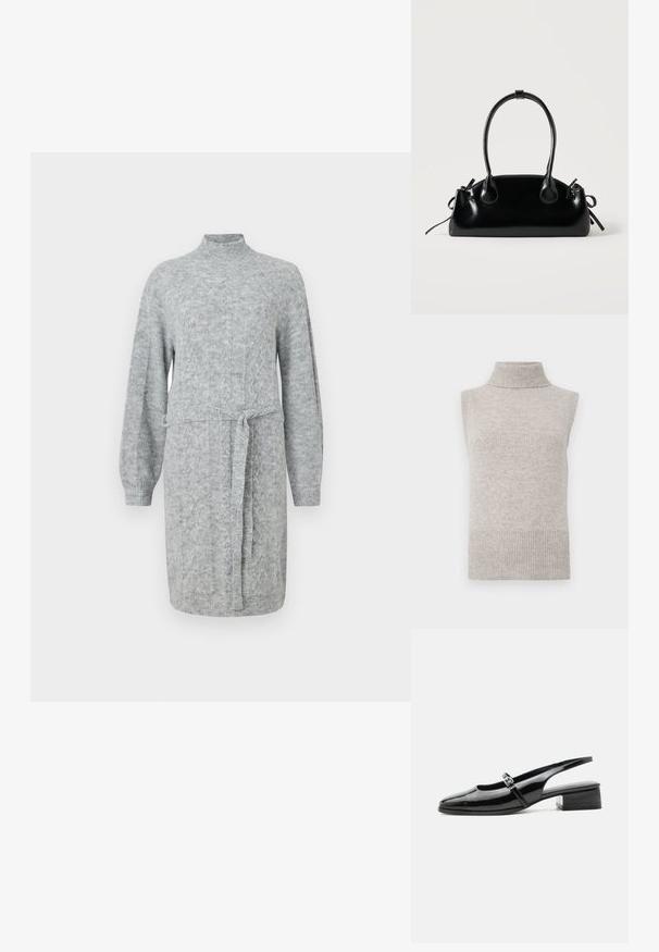 Käeaukudeta beežist soonikust turtleneck-sviitrivist, millel on soonikdateed ja ääred, valgel taustal.; Hall värvitud kudumkleit kõrge kaeluse, pikkade varrukate ja vööga taljes. Kanga materjal on tekstureeritud ja siluett on mugav.; Mustast lakknahast slingback-king madala plokksandaali ja õhukese rihmaga, millel on peal hõbedane pandlaga kinnis.; Väike must läikiv käekott kahe pika sangaga ja külgedel paelakinnitustega, ühel lihtsal helel taustal.