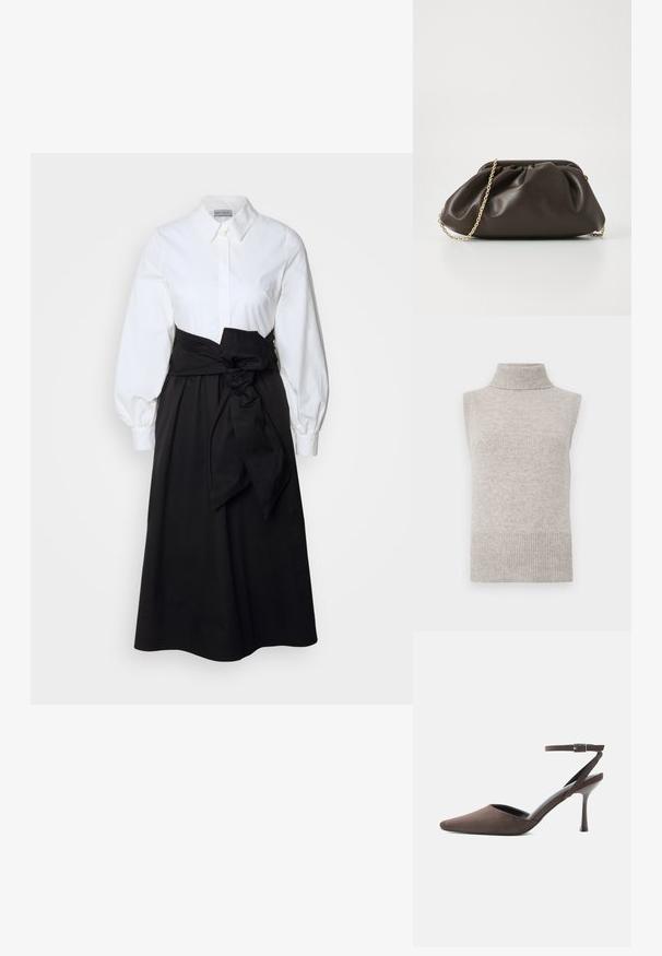 Mouwloze beige gebreide turtleneck sweater vest met geribde kraag, armsgaten en zoom op een witte achtergrond.; Witte blouse met lange pofmouwen, gecombineerd met een zwarte rok en een stoffen riem die op de taille is geknoopt, gemaakt van gladde katoen.; Bruine suède hoge hakken met spits toelopende neus, dunne enkelriem en zilveren gesp op een witte achtergrond.; Bruine leren handtas met een geaccentueerd ontwerp, gouden kettinghengsel en een zachte, textuurafwerking. Compacte vorm geschikt voor avondgebruik.