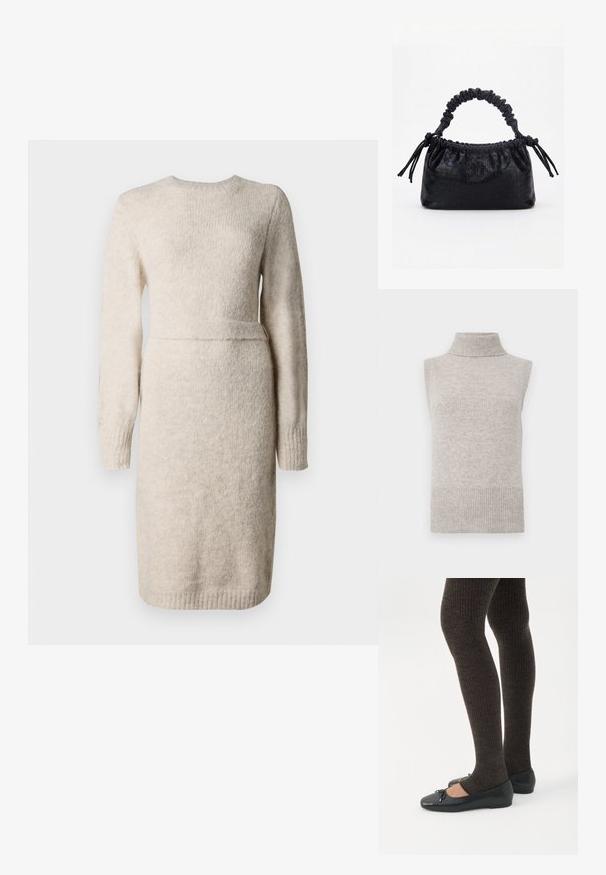Gilet sans manches en tricot beige avec col roulé, bords côtelés aux emmanchures et à l'ourlet, sur un fond blanc.; Robe en tricot beige à manches longues, col rond et finition texturée. Taille cintrée avec une bande d'accent, ourlet au genou.; Jambes portant des leggings côtelés foncés associés à des ballerines noires avec de petits détails en nœud sur fond blanc.; Sac à main noir avec texture crocodile, bord supérieur froncé, poignée plissée et pompons à cordon de chaque côté sur fond blanc.
