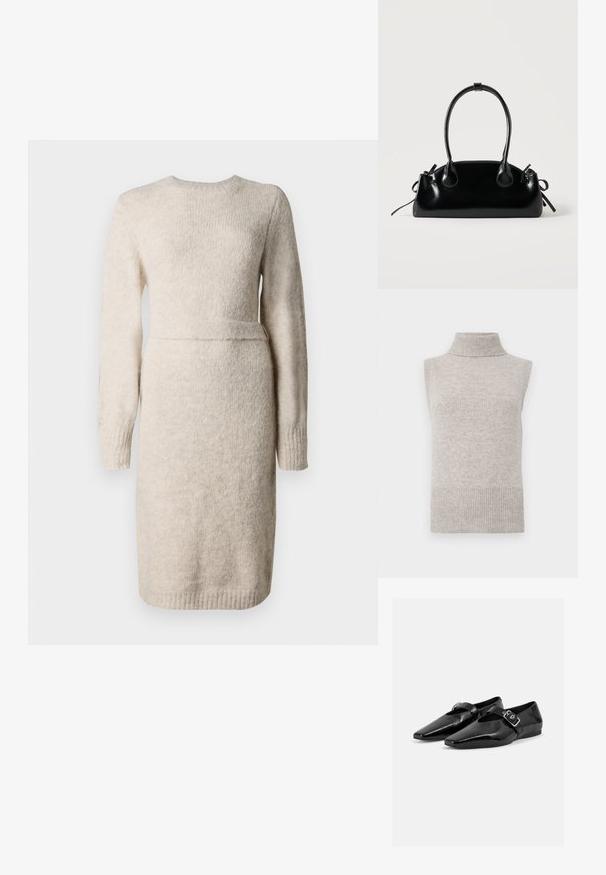Mouwloze beige gebreide turtleneck sweater vest met geribde kraag, armsgaten en zoom op een witte achtergrond.; Gebreide beige jurk met lange mouwen, ronde halslijn en een gestructureerde afwerking. Passend in de taille met een accentband, knielange zoom.; Paar zwarte lakleren platte schoenen met puntige neuzen en een gespenriem over de bovenkant, getoond op een effen lichte achtergrond.; Kleine zwarte glanzende handtas met twee lange hengsels en zijkant trekkoord details op een effen lichte achtergrond.