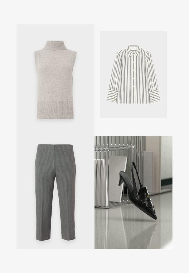 Gilet sans manches en tricot beige avec col roulé, bords côtelés aux emmanchures et à l'ourlet, sur un fond blanc.; Chemise blanche à manches longues avec boutons, rayures verticales noires et col pointu, posée à plat sur un fond clair.; Pantalons à rayures grises avec un design fuselé, offrant une texture lisse et une longueur raccourcie. Sans fermetures ni poches visibles.; Chaussure à talon slingback en cuir noir à bout pointu avec franges et bouton doré, sur un sol réfléchissant près de porte-dossiers métalliques.