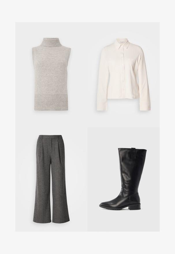 Mouwloze beige gebreide turtleneck sweater vest met geribde kraag, armsgaten en zoom op een witte achtergrond.; Lichtbeige overhemd met lange mouwen, knoopsluiting aan de voorkant, kraag en een enkele borstzak. Gemaakt van zachte stof, met details aan de manchetten.; Grijze herringbone wijde broek met een geplooide voorkant, op maat gemaakte taille en een gladde textuur, met een strakke, professionele uitstraling.; Zwarte leren laars tot net onder de knie met een gladde textuur, een vierkante neus, een korte blokhak en een treklus aan de achterkant voor gemakkelijk aan- en uittrekken.