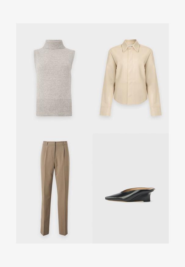 Chaleco de punto sin mangas en color beige con cuello alto, sisas y dobladillo acanalados sobre un fondo blanco.; Camisa de manga larga de piel sintética beige con cuello puntiagudo y cierre frontal con botones ocultos.; Pantalones marrones ajustados hechos de una tela suave, que presentan un diseño de pierna recta, pliegues frontales y una cinturilla con presillas para cinturón.; Zapato cuña de charol negro con punta puntiaguda y talón descubierto, con un diseño elegante y curvado de estilo minimalista.