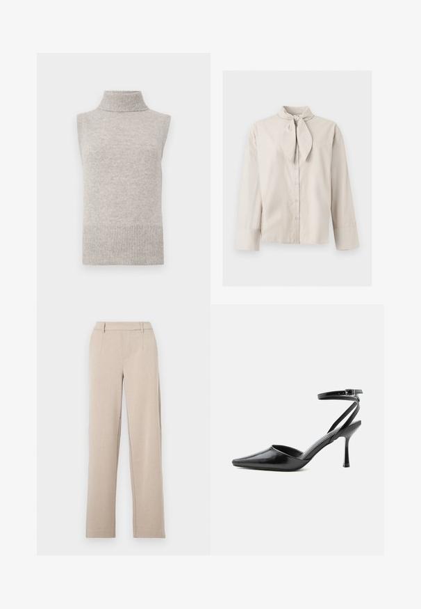 Gilet sans manches en tricot beige avec col roulé, bords côtelés aux emmanchures et à l'ourlet, sur un fond blanc.; Blouse beige à manches longues avec boutons, détail noué au niveau du col et larges poignets aux manches, présentée sur un fond clair uni.; Pantalon beige sur mesure avec une coupe droite, une texture lisse, des poches avant et des passants pour ceinture. Fabriqué en tissu léger.; Escarpin noir à bout pointu avec fines brides de cheville et fermeture à boucle argentée sur fond clair uni.