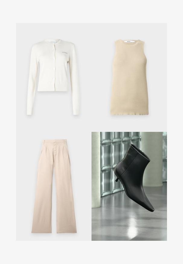 Cardigan blanc, avec des poignets et un ourlet côtelés, col rond, fermeture à boutons, comporte un petit texte brodé gris "2ND DAY" sur le côté gauche.; Haut sans manches beige à côtes avec col rond, présentant une coupe ajustée et une texture lisse, idéal pour le superposé ou les temps chauds.; Pantalons larges beige en coton, avec des plis à l'avant et une texture lisse. Le design inclut une taille standard et aucun motif visible.; Bottine en cuir noir à bout pointu et petit talon kitten, présentée en angle devant un sol poli et un mur en blocs de verre.
