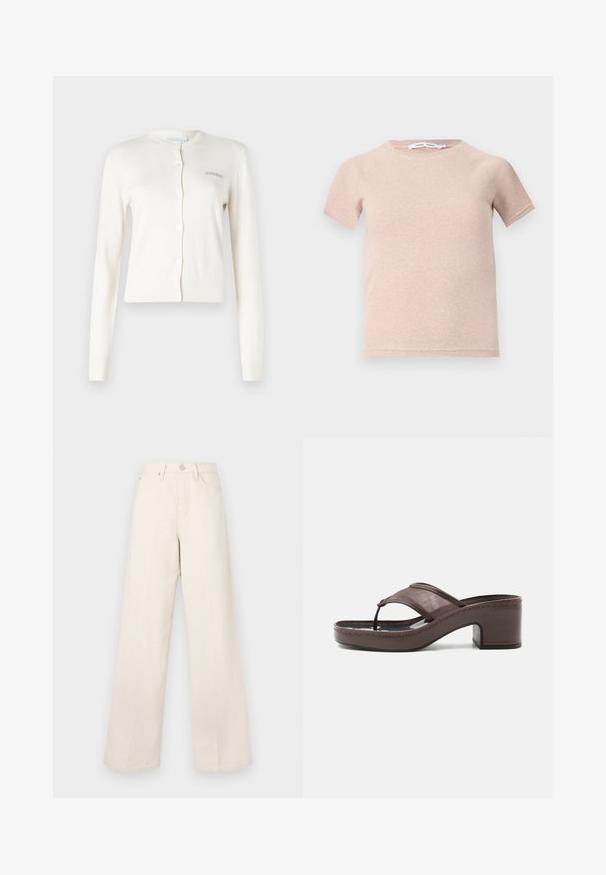 Cardigan blanc, avec des poignets et un ourlet côtelés, col rond, fermeture à boutons, comporte un petit texte brodé gris "2ND DAY" sur le côté gauche.; T-shirt à manches courtes rose clair en tissu côtelé, avec un col rond et une coupe décontractée. Design simple et sans couture.; Pantalons larges beiges à taille haute, fabriqués dans un tissu doux et texturé. Équipés d'un zip à bouton et de poches avant pour plus de fonctionnalité.; Sandale marron à talon avec lanière en mesh et design en tige, dotée d'un talon bloc et d'une semelle cousue, présentée de profil sur fond blanc.