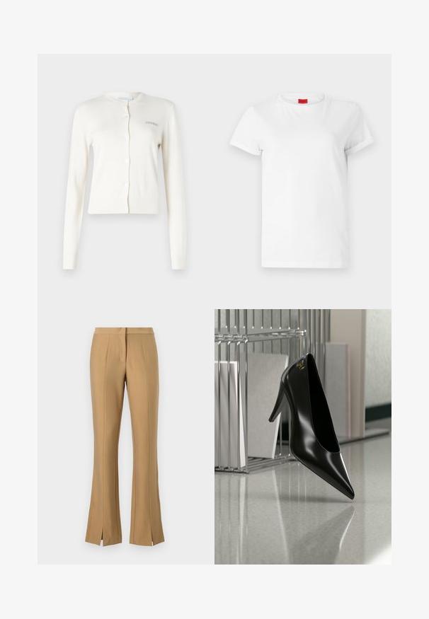 Hvid cardigan med ribbede manchetter og kant, rund halsudskæring, knaplukning, prydet med lille grå broderet tekst "2ND DAY" på venstre side.; Hvid kortærmet t-shirt lavet af letvægts bomuld. Har en rund halsudskæring og rullede ærmer. Rød logoetiket på kraven.; Beige sætbukser med frontslids, lavet af glat stof. Har en flad talje og skarpe plantesyninger ned ad benene.; Sort højhælet sko med spids tå og guldlogo, placeret på en reflekterende overflade nær en krom trådfilholder med dokumenter.