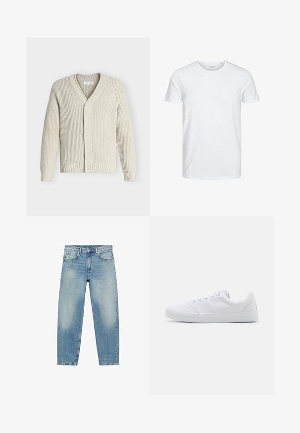 Cardigan écru en maille épaisse avec col en V, poignets et bas côtelés, fermeture devant avec cinq boutons.; T-shirt à col rond à manches courtes de couleur blanche unie, fabriqué en coton doux, avec un design simple sans motifs ni accents visibles.; Jean droit en denim bleu avec poches avant et passants de ceinture, présentant des détails légèrement décolorés sur les cuisses et les genoux.; Baskets en toile blanches avec une semelle en caoutchouc, dotées de six œillets, d'un embout texturé et d'un design minimaliste.