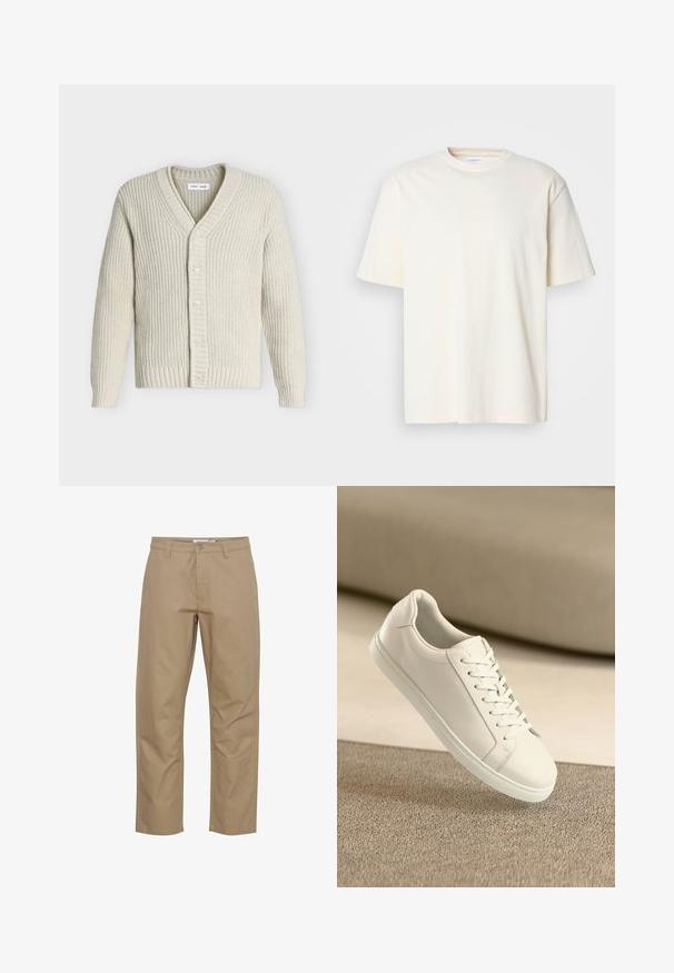 Cardigan écru en maille épaisse avec col en V, poignets et bas côtelés, fermeture devant avec cinq boutons.; T-shirt uni à col rond, à manches courtes, de couleur blanc cassé, design unisexe, présenté sur un fond gris neutre.; Pantalons en coton beige avec une coupe droite, présentant une fermeture éclair et un bouton à l'avant, des poches latérales et une finition soignée.; Baskets en cuir blanc avec des lacets blancs, exposées sur une surface beige texturée et avec un arrière-plan flou doux.