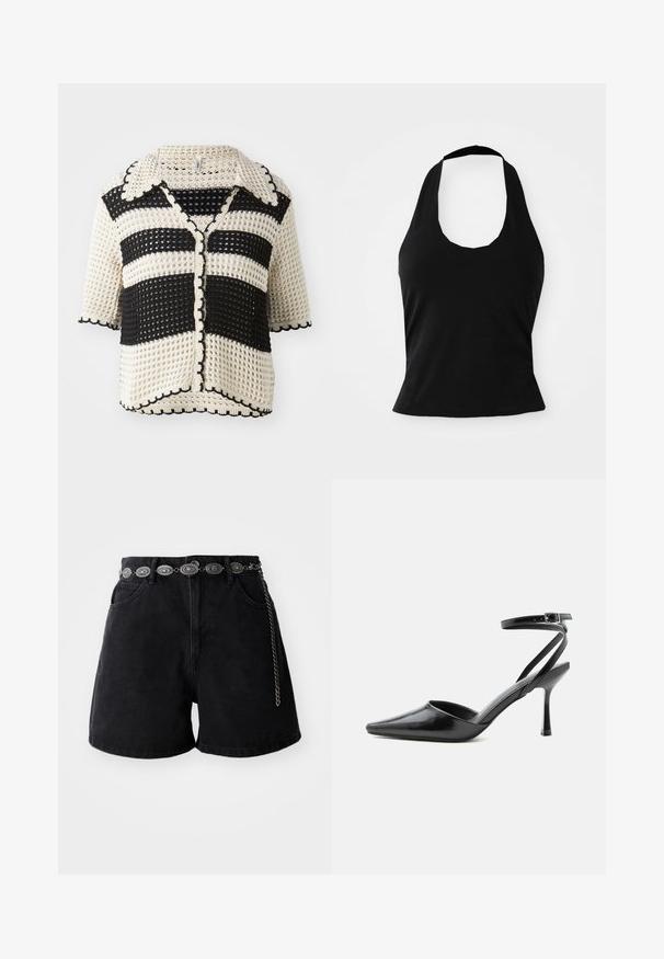 Cardigan au crochet noir et crème à rayures, avec un col, des manches courtes, des bords festonnés et une fermeture avant à boutons. Motif de tricot texturé.; Haut halter noir en tissu doux, avec un col rond et une silhouette ajustée, à la texture lisse et sans motifs visibles.; Shorts en denim noir avec une taille haute, des poches avant et une ceinture décorative en chaîne argentée avec des accents ovales. Texture lisse.; Escarpin noir à bout pointu avec fines brides de cheville et fermeture à boucle argentée sur fond clair uni.