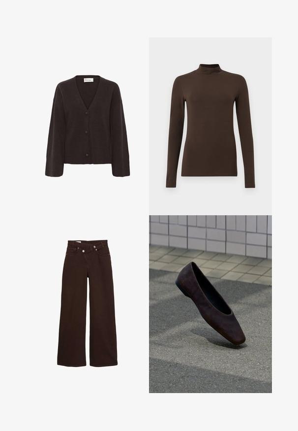 Cardigan marron foncé avec un col en V, fermeture par boutons et poignets côtelés. Texture douce avec une coupe décontractée et des manches légèrement surdimensionnées.; Haut à col roulé marron à manches longues en tissu doux. Design ajusté avec un col haut et des manches sans couture. Pas de motifs ni de matériel visible.; Jean taille haute, coupe large, couleur marron, avec fermeture éclair et bouton à l'avant, comprenant des poches avant et arrière.; Chaussure plate marron foncé unique flottant au-dessus d'un sol texturé avec un mur carrelé en arrière-plan.