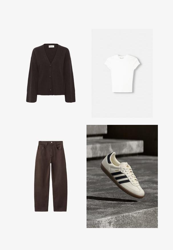 Cardigan marron foncé avec un col en V, fermeture par boutons et poignets côtelés. Texture douce avec une coupe décontractée et des manches légèrement surdimensionnées.; T-shirt blanc à manches courtes en coton doux, avec un col rond et une coupe ajustée. Pas de motifs ni d'ornements visibles.; Jean en denim marron à jambes droites avec un design à cinq poches, fermeture par boutons et coutures apparentes. La texture du tissu paraît solide et lisse.; Baskets blanches Adidas Samba avec des bandes noires et une semelle en gomme, flottant au-dessus de marches en béton gris texturé.