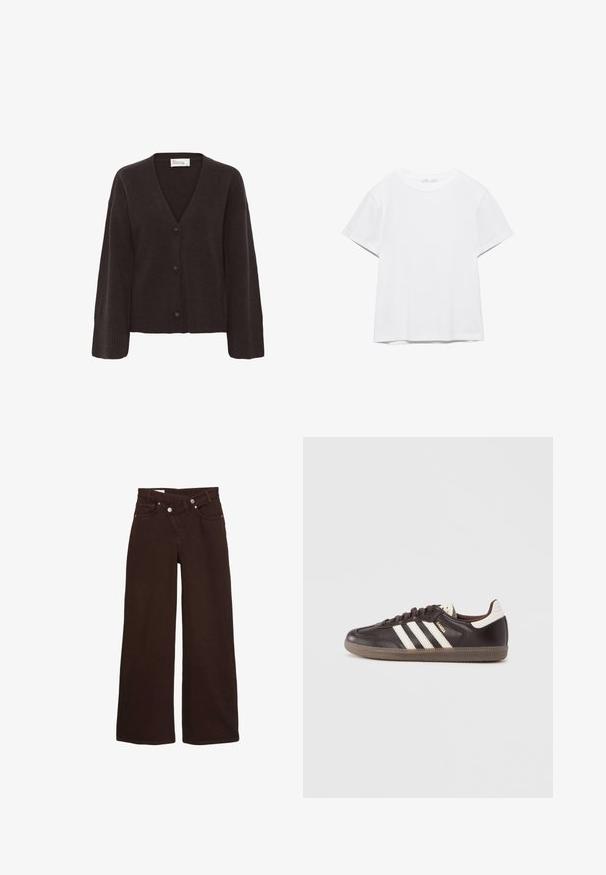 Cardigan marron foncé avec un col en V, fermeture par boutons et poignets côtelés. Texture douce avec une coupe décontractée et des manches légèrement surdimensionnées.; T-shirt blanc uni à manches courtes et col rond, avec un ourlet droit, présenté sur un fond blanc.; Jean taille haute, coupe large, couleur marron, avec fermeture éclair et bouton à l'avant, comprenant des poches avant et arrière.; Baskets en cuir marron foncé avec un design à trois bandes blanches, une semelle en caoutchouc et l'inscription "Samba" en lettres dorées sur le côté. Forme classique basse.