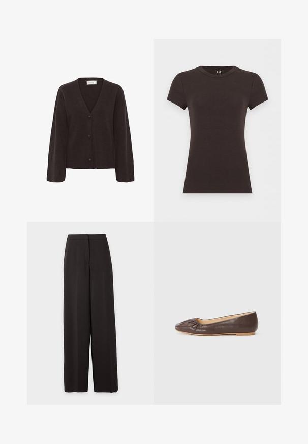 Cardigan marron foncé avec un col en V, fermeture par boutons et poignets côtelés. Texture douce avec une coupe décontractée et des manches légèrement surdimensionnées.; T-shirt noir à manches courtes, ajusté, à col rond, avec logo GAP à l'intérieur du col, sur un fond clair.; Pantalon noir taille haute à jambes larges avec un devant plat et une fermeture dissimulée, présenté sur un fond clair uni.; Ballerine en cuir marron avec un bout arrondi, des détails froncés à l'avant et une semelle plate de couleur claire.