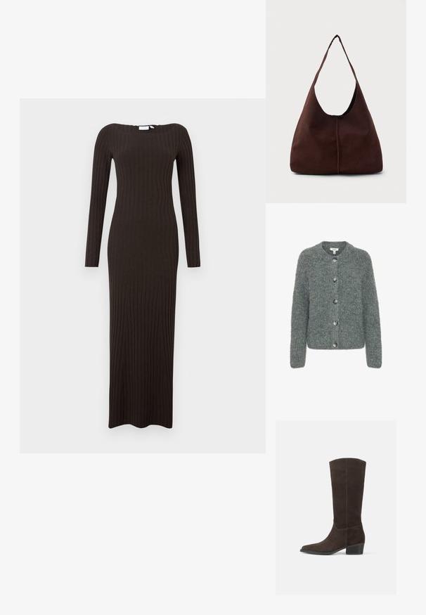 Cardigan en tricot gris avec un col rond, cinq boutons, des manches longues et une finition texturée. Tissu doux avec une coupe boxy.; Robe longue moulante en tissu côtelé de couleur brun foncé, avec manches longues et encolure bateau. Texture lisse avec une coupe longue jusqu'au sol.; Bottine en daim marron foncé, montante jusqu'au genou, avec un bout carré, une texture lisse et un petit talon empilé, affichant un design minimaliste et des lignes épurées.; Sac hobo en daim marron avec une grande ouverture courbée et une large bandoulière. Présente une couture centrée à l'avant. Texture lisse.
