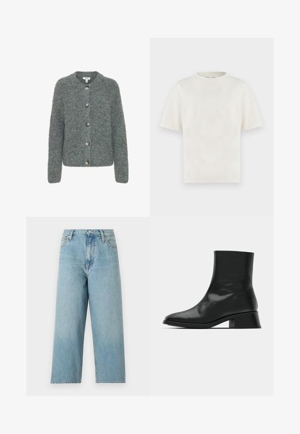 Cardigan en tricot gris avec un col rond, cinq boutons, des manches longues et une finition texturée. Tissu doux avec une coupe boxy.; T-shirt blanc cassé uni à manches courtes et col rond, coupe décontractée, présenté sur un fond clair.; Jean bleu clair taille haute à jambes larges avec poches avant, passants pour ceinture et fermeture à bouton en métal.; Bottine noire en cuir brillant, au design épuré, avec un bout pointu et un petit talon bloc pour plus de stabilité.