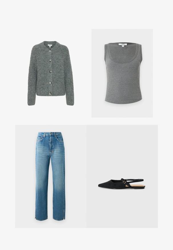 Grijze gebreide cardigan met een ronde halslijn, vijf knopen, lange mouwen en een gestructureerde afwerking. Zachte stof met een boxy pasvorm.; Grijs geribd mouwloos tanktopje met ronde halslijn, met een klein wit Topshop-label aan de achterkant binnen in de kraag.; Lichtblauwe denim jeans met hoge taille, rechte pijpen en zijsplitten aan de onderkant. Beschikt over een traditionele vijf-pocketontwerp en knoopsluiting.; Call it Spring JORDYNNE - Slingback ballerina´s - black