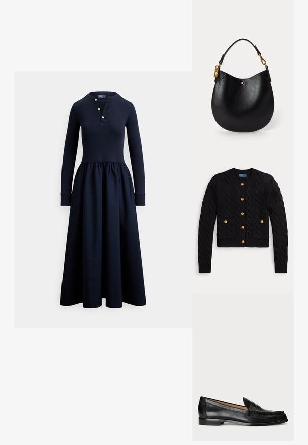 Sort strikket cardigan med kabelmønster, med fem guldknapper og to forlommer. Ribkant i nederkant og ved ærmerne.; Den marineblå langærmede kjole har en henley-udskæring med en flæset klap og knapdetaljer, som går over i et vidt, samlet skørt. Blød stoftekstur.; Lauren Ralph Lauren WYNNIE - Loafers - black; Sort læderhandtaske med afrundet form, kort hank, guldhardware og en diskret guldprikkedetalje på forsiden. Glat tekstur.