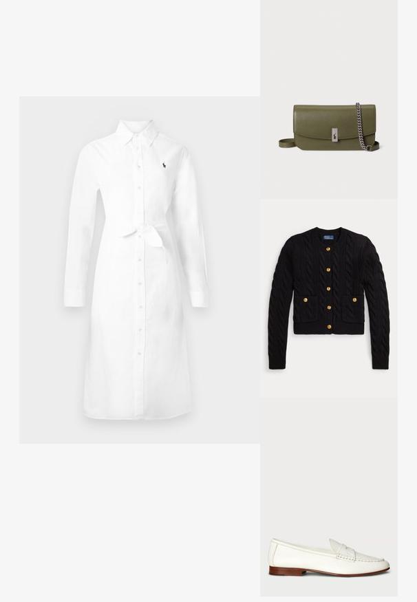 Sort strikket cardigan med kabelmønster, med fem guldknapper og to forlommer. Ribkant i nederkant og ved ærmerne.; Lang hvid skjortekjole med lange ærmer, krave, bindebånd i taljen og lille mørkt logo på venstre bryst.; Hvide læder loafers med en struktureret overflade, rund tå og vævet detalje. Lavt træhæl og minimalistisk design.; Olivengrøn læderhåndtaske med klaplukning, sølvfarvet hardware og aftagelig kæderem. Glat tekstur, rektangulær form.