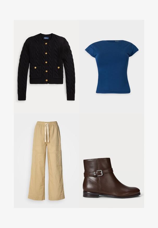 Cardigan noir en maille avec motif torsadé, doté de cinq boutons dorés et de deux poches avant. Ourlet et poignets côtelés.; T-shirt bleu ajusté à manches courtes avec encolure ronde, présenté sur un fond clair uni.; Pantalons larges beige en tissu doux, dotés d'une taille élastique avec cordon de serrage, de poches latérales et d'une coupe décontractée.; Bottine en cuir marron avec bout arrondi, accent de boucle sur le côté, et un talon bas empilé avec des détails de couture subtils.