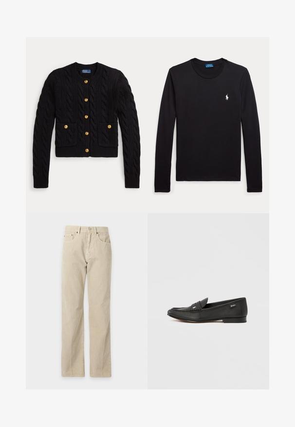 Sort strikket cardigan med kabelmønster, med fem guldknapper og to forlommer. Ribkant i nederkant og ved ærmerne.; Sort langærmet rundhalset skjorte med lille hvid Polo Ralph Lauren-logo på venstre bryst.; Beige manchesterbukser med lige ben, forlommer, bæltestropper og lukning med knap, vist på en ensfarvet baggrund.; Sort læderloafer med tekstureret finish, penny keeper-detalje, slank profil, diskret branding på siden og lav, flad hæl.