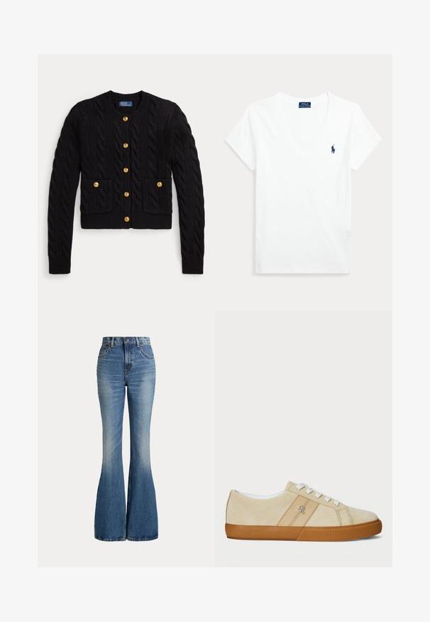 Sort strikket cardigan med kabelmønster, med fem guldknapper og to forlommer. Ribkant i nederkant og ved ærmerne.; Hvid kortærmet V-hals t-shirt med lille mørkeblå Polo Ralph Lauren-logo på venstre bryst.; Højtaljede blå jeans i denim med klokkeformede ben og let falmet område foran på låret, vist mod hvid baggrund.; Beige ruskindsneakers med hvide snørebånd og gummisål. Har et logo på siden og en glat overflade. Klassisk low-top design.