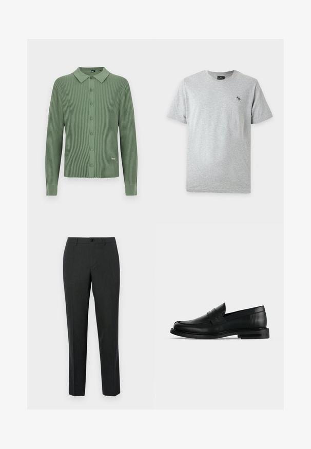 Cardigan vert en maille côtelée à manches longues avec col et fermeture à boutons sur le devant, avec une petite étiquette de marque en métal près de l'ourlet.; T-shirt gris clair à manches courtes avec un petit logo zèbre multicolore sur la poitrine gauche et un col rond.; Pantalons gris foncé sur mesure, fabriqués en tissu lisse, avec une coupe droite, des poches avant et une fermeture à un bouton.; Mocassin penny pour homme en cuir noir avec talon bas empilé et bout arrondi, vu de profil sur fond gris clair.
