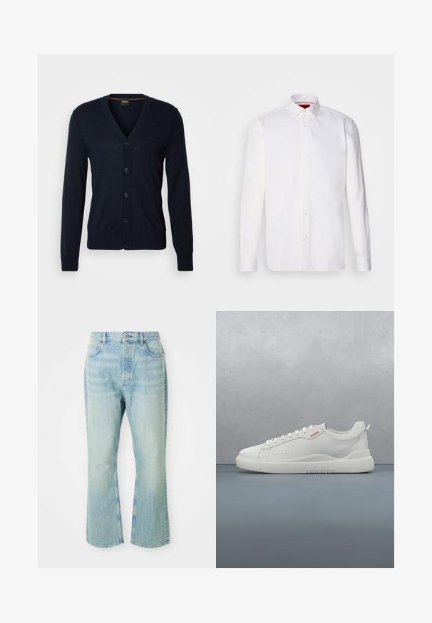 Cárdigan de lana navy con cuello en V, cinco botones, puños y dobladillo acanalados, logo sutil en el pecho, textura suave, ajuste estándar.; Camisa blanca de manga larga hecha de algodón, con un collar clásico, placket frontal con botones y una textura suave. Detalle interior del collar en rojo.; Jeans de mezclilla de color azul claro, acampanados y de cintura alta, con cinco bolsillos, trabillas para el cinturón y un acabado desgastado.; Zapatilla blanca con un acabado de cuero liso, punta redonda, cuatro ojales, perforaciones sutiles y un detalle de logo rojo en el lateral.