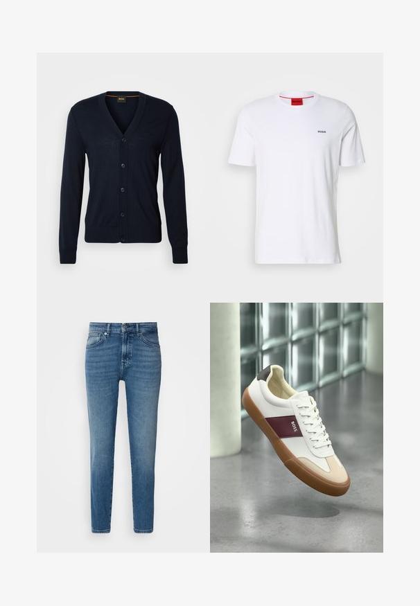 Cárdigan de lana navy con cuello en V, cinco botones, puños y dobladillo acanalados, logo sutil en el pecho, textura suave, ajuste estándar.; Camiseta de algodón blanca de mangas cortas, con un escote redondo y pequeño logo negro "HUGO" en el lado izquierdo del pecho. Presenta una etiqueta en el cuello interior de color rojo.; Jeans de denim azul claro con corte recto, diseño tradicional de cinco bolsillos, cierre de botón de metal y un ligero desvanecimiento en la parte delantera.; Zapatilla blanca de perfil bajo con suela marrón, franja granate con la etiqueta "BOSS", detalles beige en la puntera y talón negro, flotando sobre un piso gris.