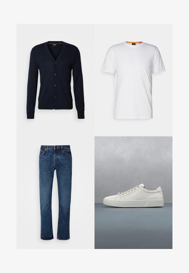 Cárdigan de lana navy con cuello en V, cinco botones, puños y dobladillo acanalados, logo sutil en el pecho, textura suave, ajuste estándar.; Camiseta de algodón blanca con cuello redondo, mangas cortas y un sutil logo en relieve en el pecho. La etiqueta interior tiene un acento naranja.; Jeans de mezclilla azules para hombre con un diseño de pierna recta, cinturilla estándar, estilo de cinco bolsillos y un desgaste sutil a lo largo de los muslos.; Zapatilla blanca de cuero con punta redondeada, diseño minimalista, cordones grises y suela de goma texturizada gris. Detalles de costura sutiles visibles.