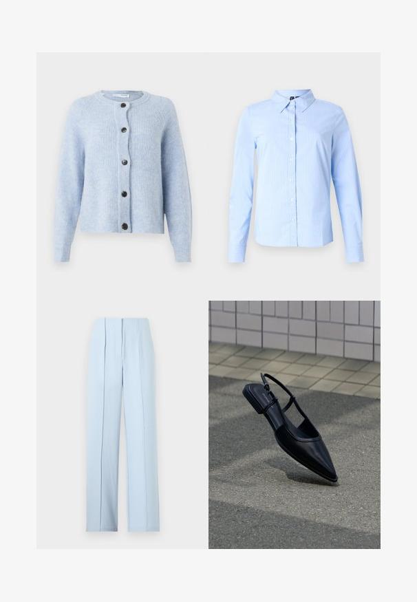 Hellblauer Cardigan aus weichem, geripptem Material mit Rundhalsausschnitt, langen Ärmeln und sechs schwarzen Knöpfen auf der Vorderseite.; Hellblaues Langarmhemd mit dezenten weißen Nadelstreifen und spitzem Kragen, auf einem einfarbigen Hintergrund dargestellt.; Hellblaue, hoch taillierte Hose mit weitem Bein, vorne mit Falten und verdecktem Reißverschluss, vor einfarbigem Hintergrund.; Schwarzer, spitz zulaufender Slingback-Flachschuh, der über einer Asphaltfläche neben einem gefliesten Bürgersteig schwebt.