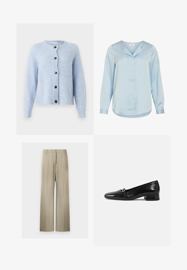 Hellblauer Cardigan aus weichem, geripptem Material mit Rundhalsausschnitt, langen Ärmeln und sechs schwarzen Knöpfen auf der Vorderseite.; Hellblaue Bluse mit langen Ärmeln, verdeckter Knopfleiste vorne, spitzem Kragen und abgerundetem Saum, aus glattem Stoff gefertigt.; Weite Hose aus weichem beigen Stoff, mit flachem Bund, Gürtelschlaufen und einer glatten Textur. Standardbund ohne sichtbare Muster.; Schwarze Lackleder-Ballettschuhe mit spitzem Zehenbereich, niedrigem quadratischem Absatz und einem kleinen metallischen Schnallenakzent am Riemen. Glatte Textur.