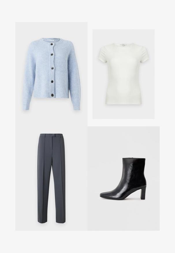 Lyseblå cardigan lavet af blødt, ribbet materiale, med rund halsudskæring, lange ærmer og seks sorte knapper nedad foran.; Plain hvid tætsiddende t-shirt med korte ærmer og rund halsudskæring, vist på en neutral baggrund.; Grå, skræddersyede bukser med et lige ben, for- og en glat tekstur. Taljebåndet har bæltestropper for justerbar pasform.; Sorte ankelstøvler lavet af blank læder, med spidse tæer og en mellemstor blokhæl, med en glat tekstur og et enkelt design.