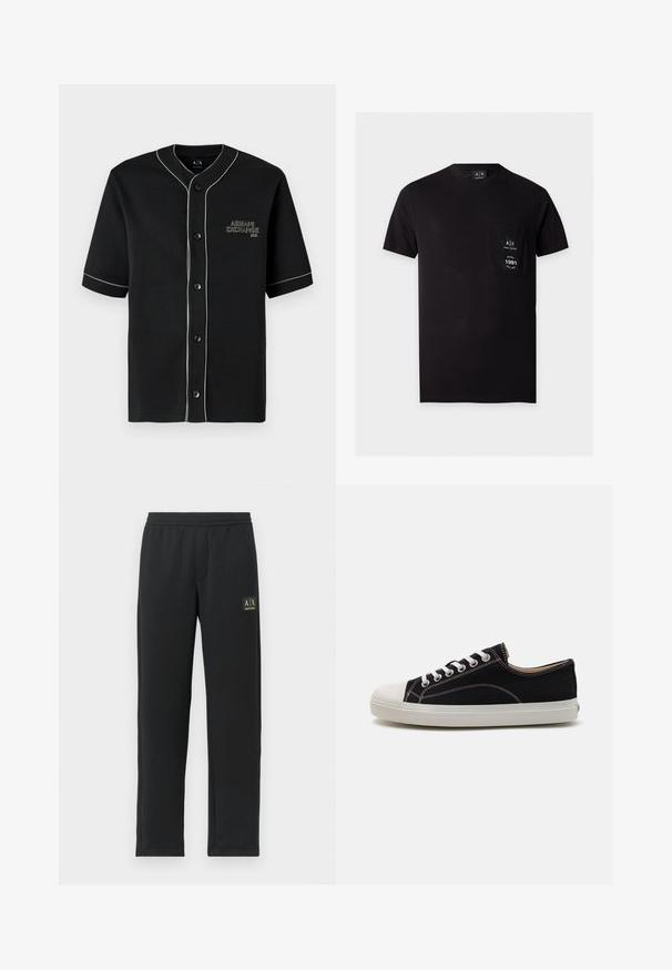 Sort kortærmet skjorte med knapper og hvid piping, med "Armani Exchange" broderet på venstre bryst.; Sort t-shirt med korte ærmer, rund hals og brystlomme med Armani Exchange-logo og teksten "1991 Milano New York".; Sorte sweatpants med lige ben, elastisk talje og sort logo-patch på venstre lår.; Sort kanvas sneakers med hvid gummi tå og sål, der har hvide snørebånd og kontrasterende syninger. Lavprofil design.