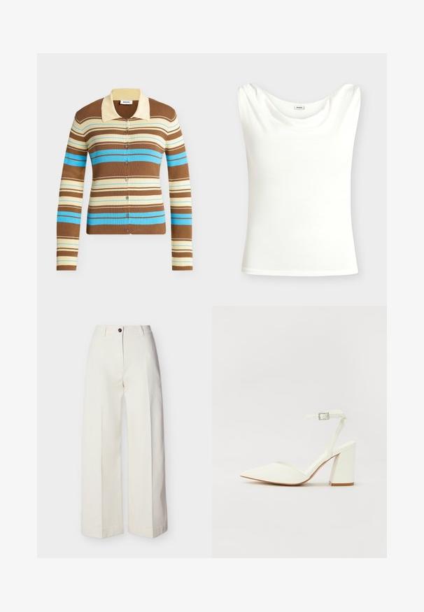 Cardigan côtelé rayé marron, crème et bleu, manches longues, fermeture par boutons devant et col couleur crème.; Haut blanc sans manches avec encolure drapée, devant uni et étiquette à l’intérieur du col sur fond gris clair.; Pantalon crème taille haute à jambes larges, avec passants de ceinture, fermeture à bouton unique et zip, présenté à plat sur un fond uni.; Sandale blanche à talon avec un bout pointu, sangle de cheville réglable et un talon carré épais. Texture lisse avec des détails de couture minimaux.