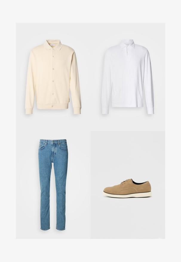 Cremefarvet button-up sweatshirt med lange ærmer, kravehals og ribbede manchetter. Glat tekstur, minimalistisk design.; Hvid langærmet polo shirt med krave og to knapper, vist på en lys grå baggrund.; Lyseblå denimjeans med design i lige ben, solid linning og fem-lomme-stil. Blød tekstur med svag falmen på lårene.; Lys brun ruskindssko med snørebånd, hvid sål og lav ankelhøjde vist i sideprofil på neutral baggrund.