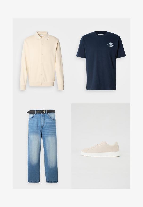Krémová button-up mikina s dlhými rukávmi, golierom a ribovanými manžetami. Hladká textúra, minimalistický dizajn.; Námornícky modré bavlnené tričko s krátkymi rukávmi, okrúhlym výstrihom a predným grafickým potlačou s globusom a textom "Marc O’Polo DENIM." Jednoduchý dizajn.; Svetlomodré denimové džínsy s rovným strihom, vybavené čiernym pásom, vybledlými miestami a jemnou diagonálnou textúrou v hornej časti.; Béžové semišové tenisky s bielymi gumovými podrážkami, okrúhlou špičkou a šiestimi očkami na šnúrky. Hladká textúra s minimalistickým dizajnom.
