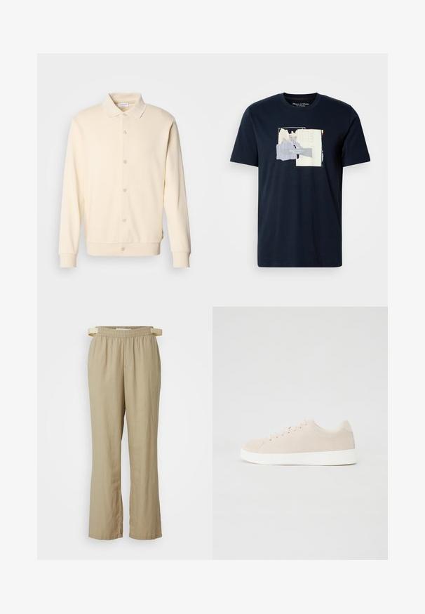 Sweatshirt boutonnière couleur crème avec manches longues, col classique et poignets côtelés. Texture lisse, design minimaliste.; T-shirt en coton bleu marine à manches courtes, avec un imprimé graphique superposé dans des couleurs claires et un texte au centre.; Pantalons beige à jambes larges en tissu léger. Taille élastique avec cordon de serrage. Comprend des poches avant et des jambes droites.; Baskets en daim beige avec semelles en caoutchouc blanc, bout rond et six œillets pour les lacets. Texture lisse avec un design minimaliste.
