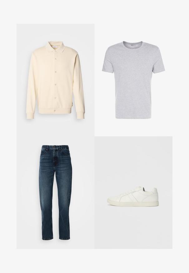 Sweatshirt boutonnière couleur crème avec manches longues, col classique et poignets côtelés. Texture lisse, design minimaliste.; T-shirt en coton gris avec un col rond, des manches courtes et un design sobre, offrant une texture douce et lisse sans motifs ni embellissements visibles.; Jeans droits bleu foncé avec fermeture à bouton et zip à l'avant, design à cinq poches, et subtile décoloration sur les cuisses et les genoux.; Baskets blanches en cuir montantes basses avec fermeture à lacets et semelle en caoutchouc plate, vues du côté intérieur sur un fond uni.