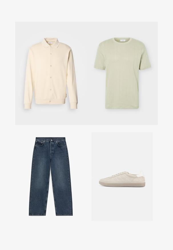 Sweatshirt boutonnière couleur crème avec manches longues, col classique et poignets côtelés. Texture lisse, design minimaliste.; T-shirt en maille à manches courtes vert clair avec un col rond et des motifs texturés verticaux subtils.; Jean en denim bleu foncé à jambes droites avec cinq poches et fermeture par boutons, étalé à plat sur un fond blanc.; Baskets en daim beige avec une tige texturée, un contrefort de talon blanc lisse, de fines lacets et une semelle extérieure en caoutchouc. Présente un design bas profil.